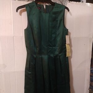 Green Pleated Elegant Satin Finish Designer Fitted Tailored Formal Cocktail Dres